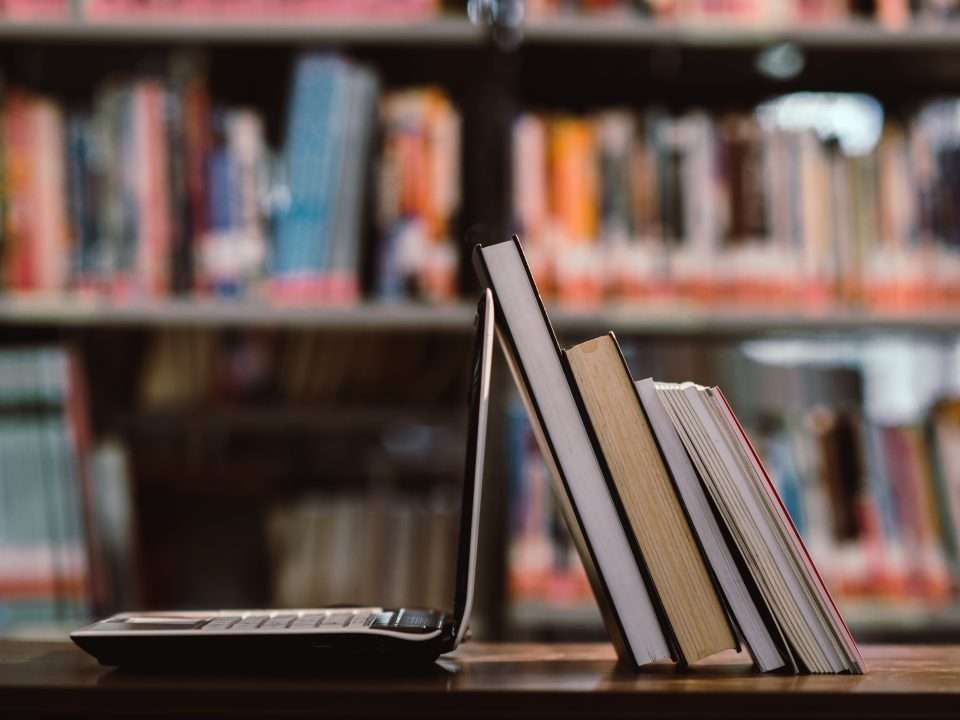 laptop computer book workplace library room