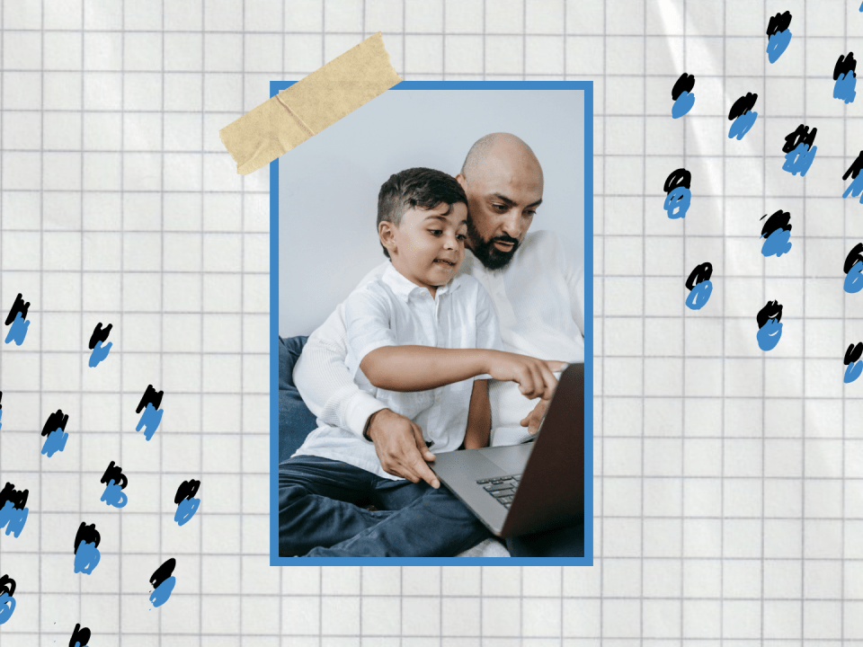 Vater und Sohn sitzen zusammen am Laptop und lernen Programmieren mit Minecraft. Interaktives Lernen und Eltern-Kind-Zeit durch Videospiele.