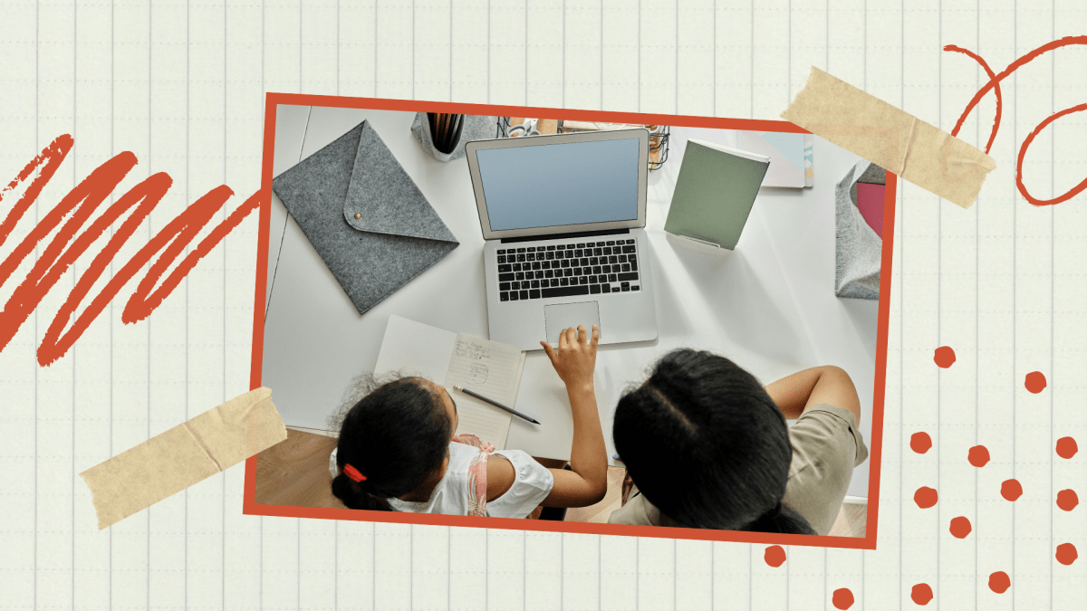 Ein Kind und ein Erwachsener sitzen gemeinsam an einem Tisch und arbeiten an einem Laptop. Neben dem Laptop liegen ein Notizbuch, ein Bleistift und eine graue Dokumententasche. Die Szene symbolisiert gemeinsames Lernen und zeigt, wie digitale Bildungsplattformen wie Wagotabi genutzt werden können, um Sprachkenntnisse und kulturelles Wissen spielerisch zu vermitteln.